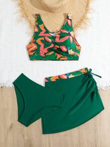少女植物印花无袖比基尼套装夏季海滩 - 彩色 - 查看 5