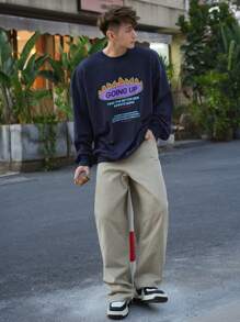 DAZY Men's Letter Print Crewneck Sweatshirt For Autumn/Winter - Navy Blue - View 4