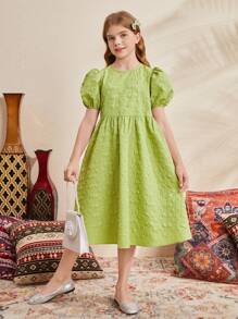 SHEIN Tween女孩鬆身休閒氣泡袖質感布料至膝連身裙,鬆圓領設計 - 綠色 - 查看 1