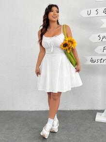 SHEIN EZwear 白色纯色针织提花喇叭下摆吊带连衣裙，春夏 - 白色 - 查看 6