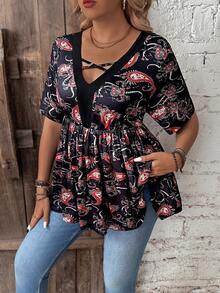 SHEIN LUNE 大尺碼女用佩斯利印花拼接襯衫 - 黑色 - 查看 5