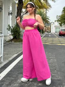SHEIN Qutie 女士加大尺寸束口無肩帶上衣和褲子套裝 - 粉色 - 查看 5