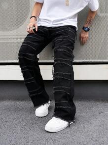 Manfinity ZONE917 Men's Straight Leg Jeans With Frayed Hem Plain Wide Jeans Long Baggy Plain Black Washed Cargo Jeans, For Husband, Boyfriend Gifts Going Out Hang Out Commute Work Street, Grunge