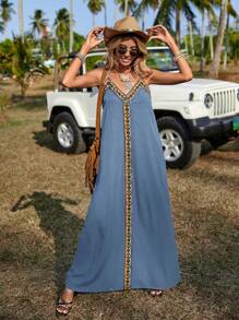 EMERY ROSE Women's Geometric Mixed Tape Spaghetti Strap Dress - Dusty Blue - View 6