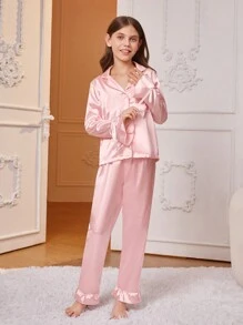 青少年女孩简约纯色长袖 T 恤和裤子睡衣套装，袖口和下摆带褶边 - 淺粉色 - 查看 4