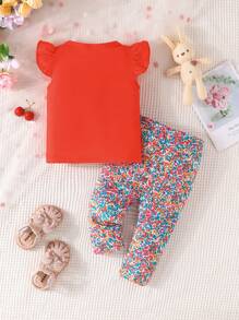 SHEIN 2pcs Baby Girls' Easter Bunny Patchwork Floral Print Short Sleeve Top And Long Pants Set For Summer - Multicolor - View 2