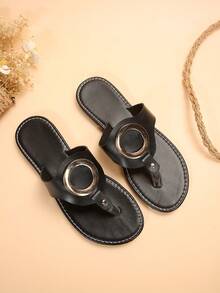 女士平跟平滑拖鞋,開放式輕便人字拖鞋,時尚腳趾環夏季鞋款 - 黑色 - 查看 4