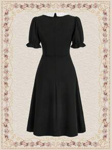 Vintamour 女士拼色翻领泡泡袖连衣裙演唱会夏季女士带袖连衣裙复古衣服黑色春季连衣裙 - 黑與白 - 查看 9