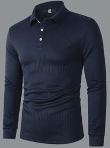 Manfinity Homme Men's Solid Color Long Sleeve Polo Shirt, Fall - Royal Blue - View 3