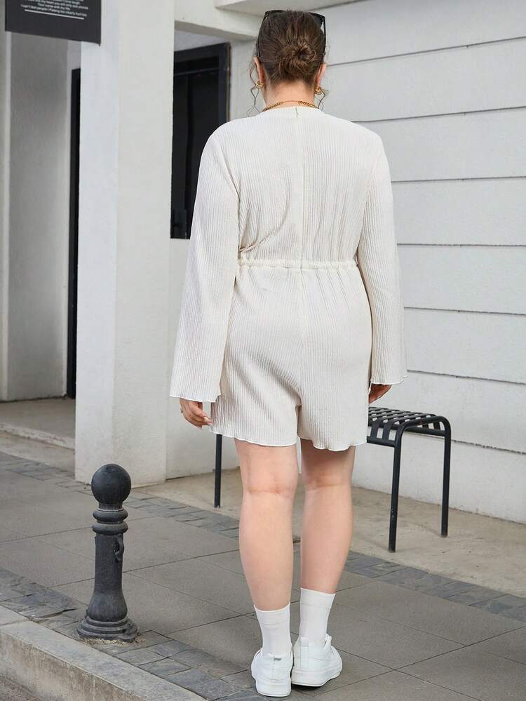 Women's Plus Size Round Neckline Tie Waist Bell Sleeve Textured Fabric Casual Loose Romper For Vacation And Parties