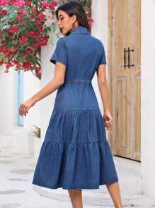 Vivid Eden 女士有扣扣子的丹寧連衣裙,帶蓋口袋 - 深色水洗藍 - 查看 2