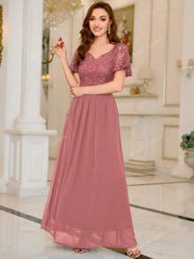 MIUSOL Contrast Sequin Lace Sweetheart Neck Flounce Sleeve Evening Party Long Dress Elegant Formal Prom Wedding Guest Gown, For Graduation, Dinner