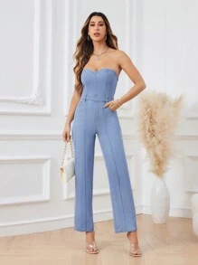 SHEIN Privé Damen Denim Trägerloser Jumpsuite Mit Geraden Beinen