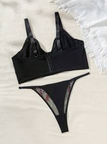 SHEIN Plus Size Embroidered Mesh Bra And Lingerie Lace Thong Set