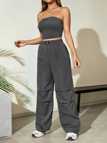 SHEIN Unity 短款管頂和降落傘褲兩件套裝 - 灰色 - 查看 5