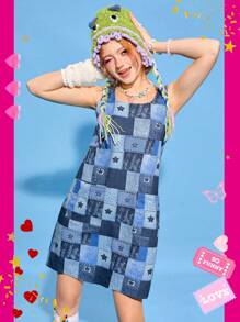 SHEINNeu Women's Blue Sleeveless Star Patchwork Pattern Printed Summer Dress