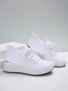 Giày thể thao đế xuồng thường ngày cho nữ, vải thun co giãn mới mùa xuân, đế dày thoáng khí cỡ lớn, màu trắng - trắng - Xem 6