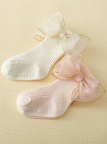 2 Pares De Calcetines De Princesa A Media Pantorrilla Con Lazos Para Niñas, Estilo Fino Para Primavera Y Otoño - Multicolor - Ver 3