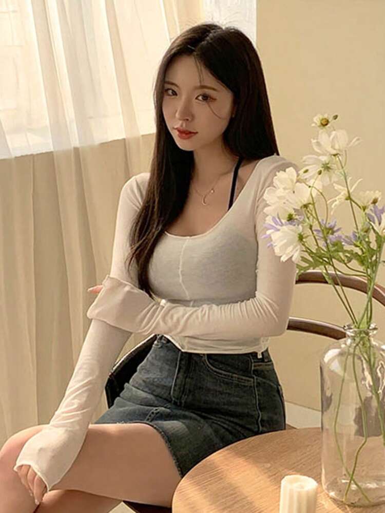 Women'S Round Neck Long Sleeve Top And Halter Neck Vest 2pcs/Set