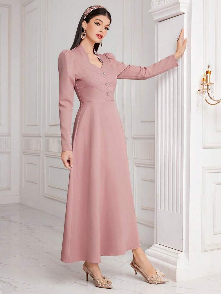 Women's Sweetheart Neckline Button Detail Belted Dress Long Evening Dresses