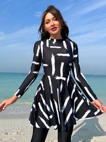 Swim Shayni 夏季海滩女士印花长袖防晒衣和紧身裤泳衣套装阿拉伯服装 - 黑與白 - 查看 3