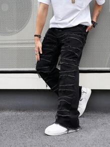 Manfinity ZONE917 Men's Straight Leg Jeans With Frayed Hem Plain Wide Jeans Long Baggy Plain Black Washed Cargo Jeans, For Husband, Boyfriend Gifts Going Out Hang Out Commute Work Street, Grunge