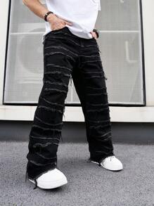 Manfinity ZONE917 Men's Straight Leg Jeans With Frayed Hem Plain Wide Jeans Long Baggy Plain Black Washed Cargo Jeans, For Husband, Boyfriend Gifts Going Out Hang Out Commute Work Street, Grunge