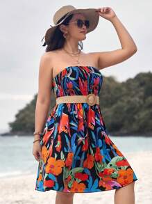 SHEIN VCAY Floral Print Plus Size Strapless Dress - Multicolor - View 4