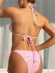 SHEIN Swim Women's Jacquard Halter Neck Bikini Set With Separated Bottom Valentine Summer