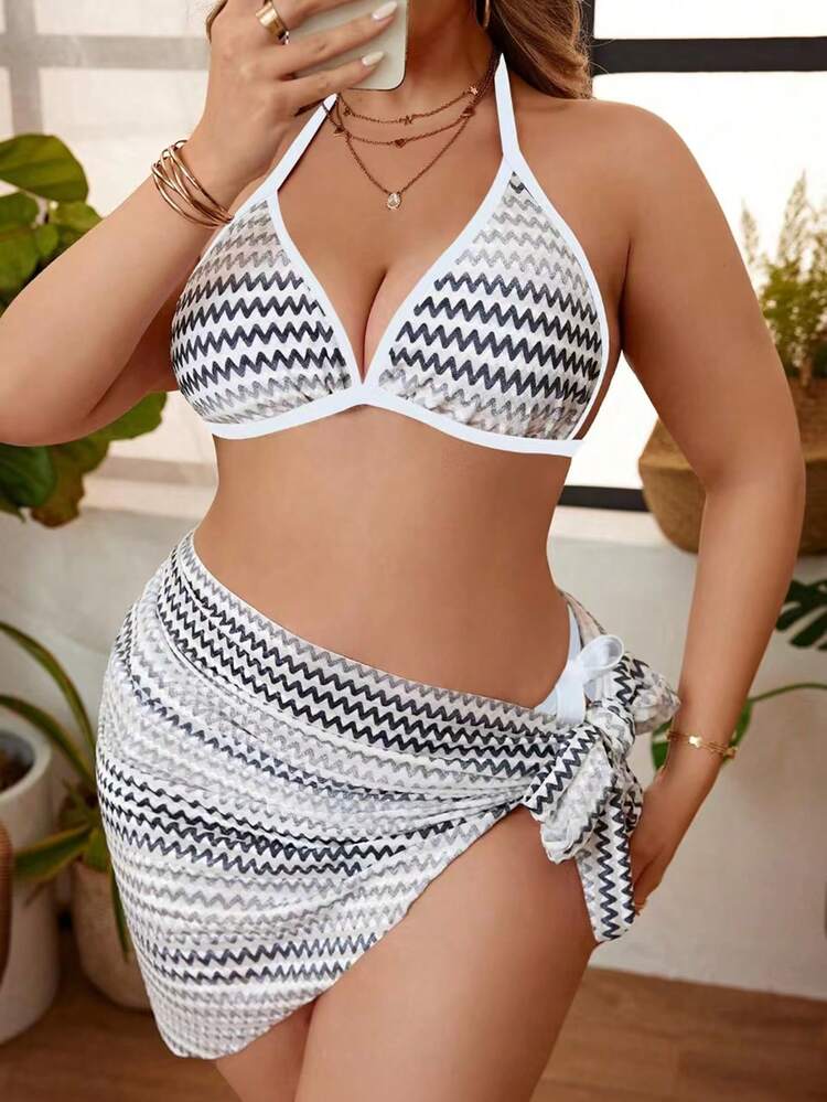 Plus Size Women's Striped Halter Neck Bikini Set With Wave Pattern And Sarong Cover-Up 3pcs/Set Summer Beach