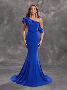 YISIKADO Women's Formal Oblique Shoulder Ruffled Mermaid Evening Gown With Waist Belt For Dancing Party
