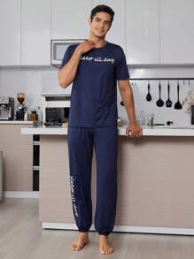 Men's Navy Blue Slogan Pattern Short Sleeve T-Shirt And Long Pants Homewear Set - Navy Blue - View 5