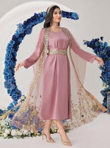 Al Najma 1set Women's Round Neck Long Sleeve Dress And Embroidered Mesh Jacket 2 Piece Set Fall Cloth For Women - Pink - View 5