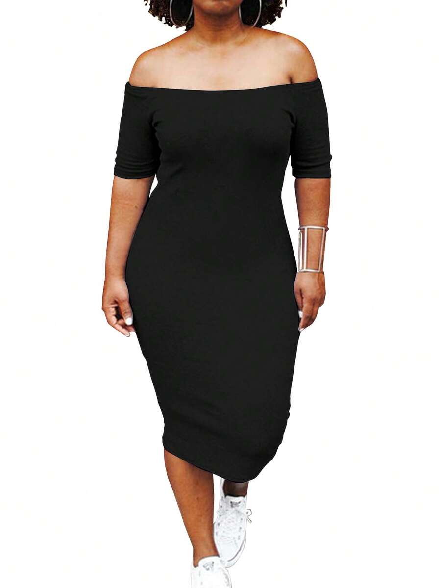 Vestido Negro De Manga Corta Corte De Hombros Descubiertos - Negro - Ver 1