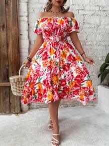 Breezaya 大尺碼女款花卉印花露肩連身裙 - 彩色 - 查看 5