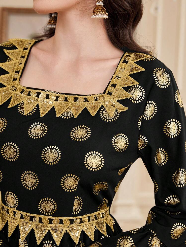 Women's Metallic Printing Patchwork Sparkly Embroidery Bell Sleeve Jalabiya Traditional Dress, Elegant Luxury Evening Party Style, For Gargee'an/Foundation Day/Festival Fall Cloth For Women