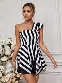 SHEIN LUNE Sọc Một  vai Áo sơ mi - Đen và trắng - Xem 5