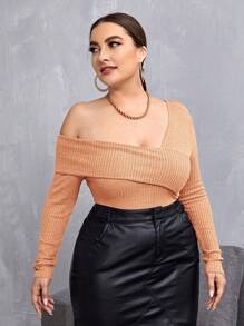 SHEIN Privé Plus Size Asymmetric Collar Long Sleeve Bodysuit - Khaki - View 1