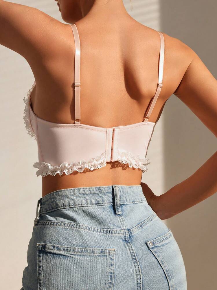 Romantic Vintage Semi Sheer Knitted Bralette Top With Contrast Lace In Baby Pink