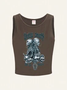 ROMWE Grunge Punk 字母骷髏頭圖案背心上衣 - 咖啡棕 - 查看 1