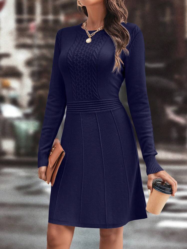 EMERY ROSE Cable Knit Seam Detail Sweater Dress Without Belt - Royal Blue - View 4