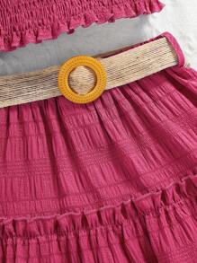 Conjunto De Falda Con Dobladillo Con Volantes Y Top Con Mangas Abullonadas Y Hombros Descubiertos De Color Liso Para Niñas Jóvenes - Rosa Fucsia - Ver 3