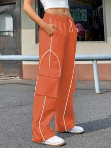 Street Double Drawstring Waist Flap Pocket Cargo Pants - Orange - View 5