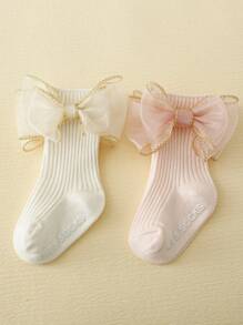 2 Pares De Calcetines De Princesa A Media Pantorrilla Con Lazos Para Niñas, Estilo Fino Para Primavera Y Otoño - Multicolor - Ver 5