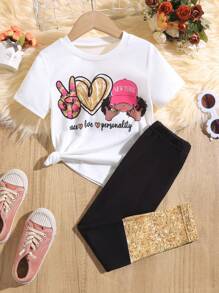 SHEIN Young Girls' Letter & Portrait Printed Short Sleeve T-Shirt And Leggings Set