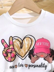 SHEIN Young Girls' Letter & Portrait Printed Short Sleeve T-Shirt And Leggings Set