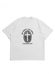 男式标语和十字图案短袖 T 恤 - 白色 - 查看 5