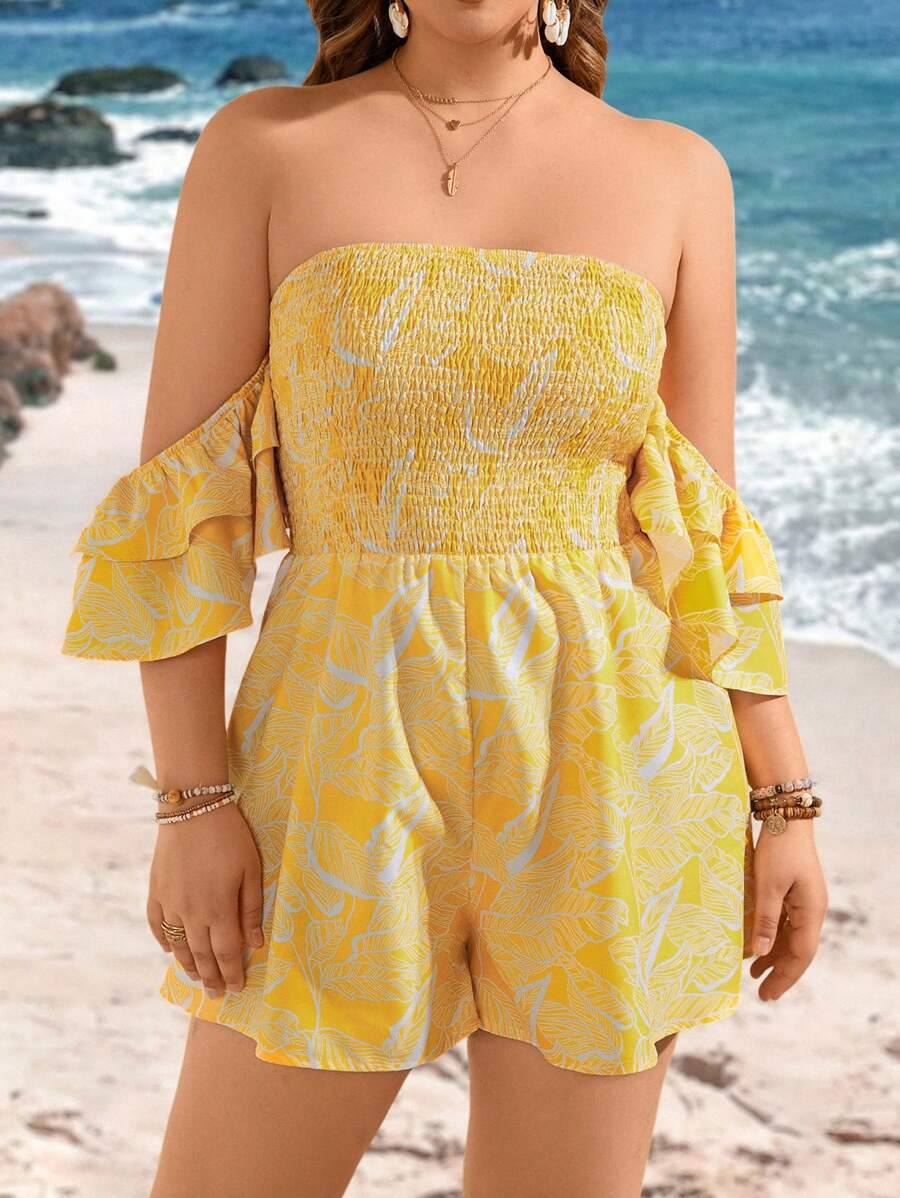 SHEIN VCAY Macacão Plus Size Com Estampa Tropical E Babados Para Férias De Verão - Multicolorido - Visão 1