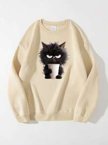 SHEIN EZwear 女士猫咪印花落肩卫衣，适合毕业季、返校季、教师节等场合，秋季返校套头衫 - 墨綠色 - 查看 1