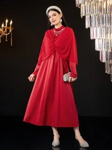 Modelyn Women's Plain Twist Knot Shawl Collar Dress With Rhinestone & Tassel Decoration Long Evening Dresses Fall Cloth For Women - Red - View 3